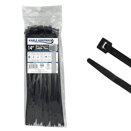Kable Kontrol Cable Tie, 14 in L, 4.01 in Max Bundle Dia., Black, Nylon 6/6, 120 lb Strength, 100 PK CT274
